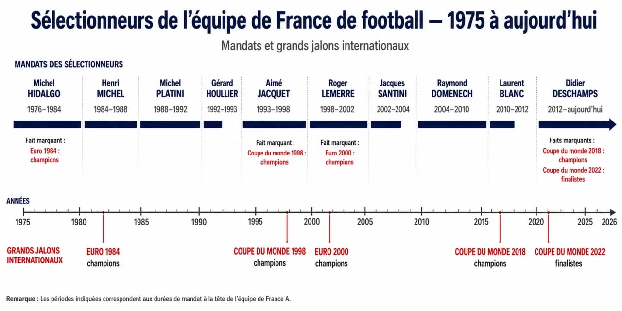 Frise chronologique des entraîneurs équipe de France de football avec les principaux sélectionneurs et leurs mandats