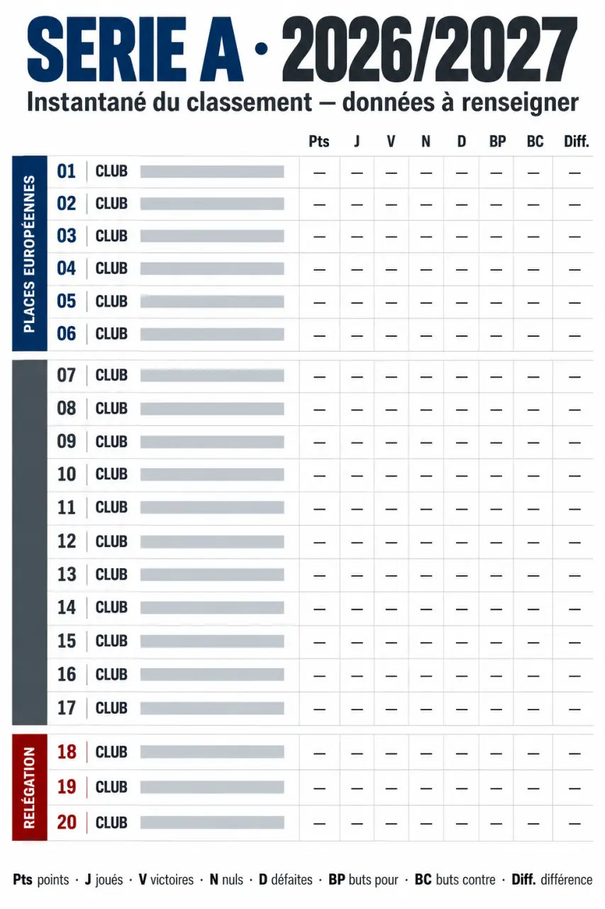 Stat Serie A : infographie du classement italien avec points, buts et zones européenne et de relégation