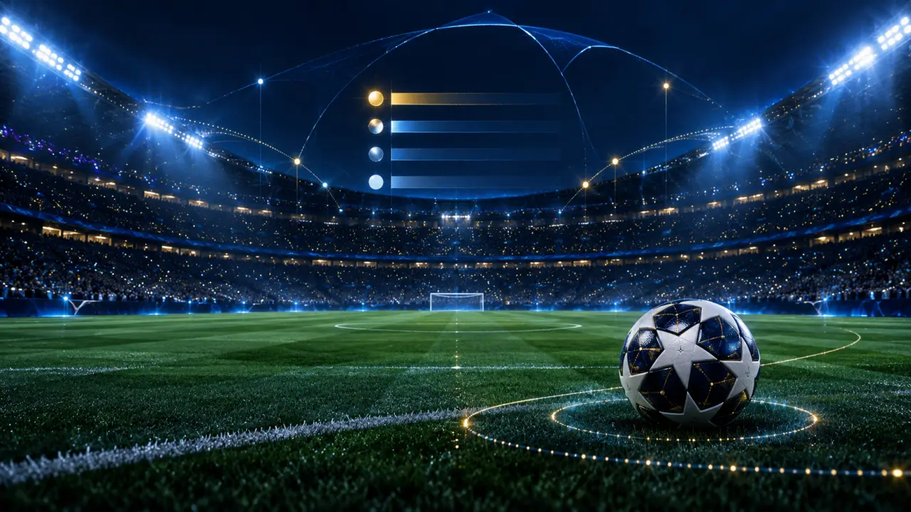 Joueur de football en action dans un stade nocturne, ambiance de Ligue des champions