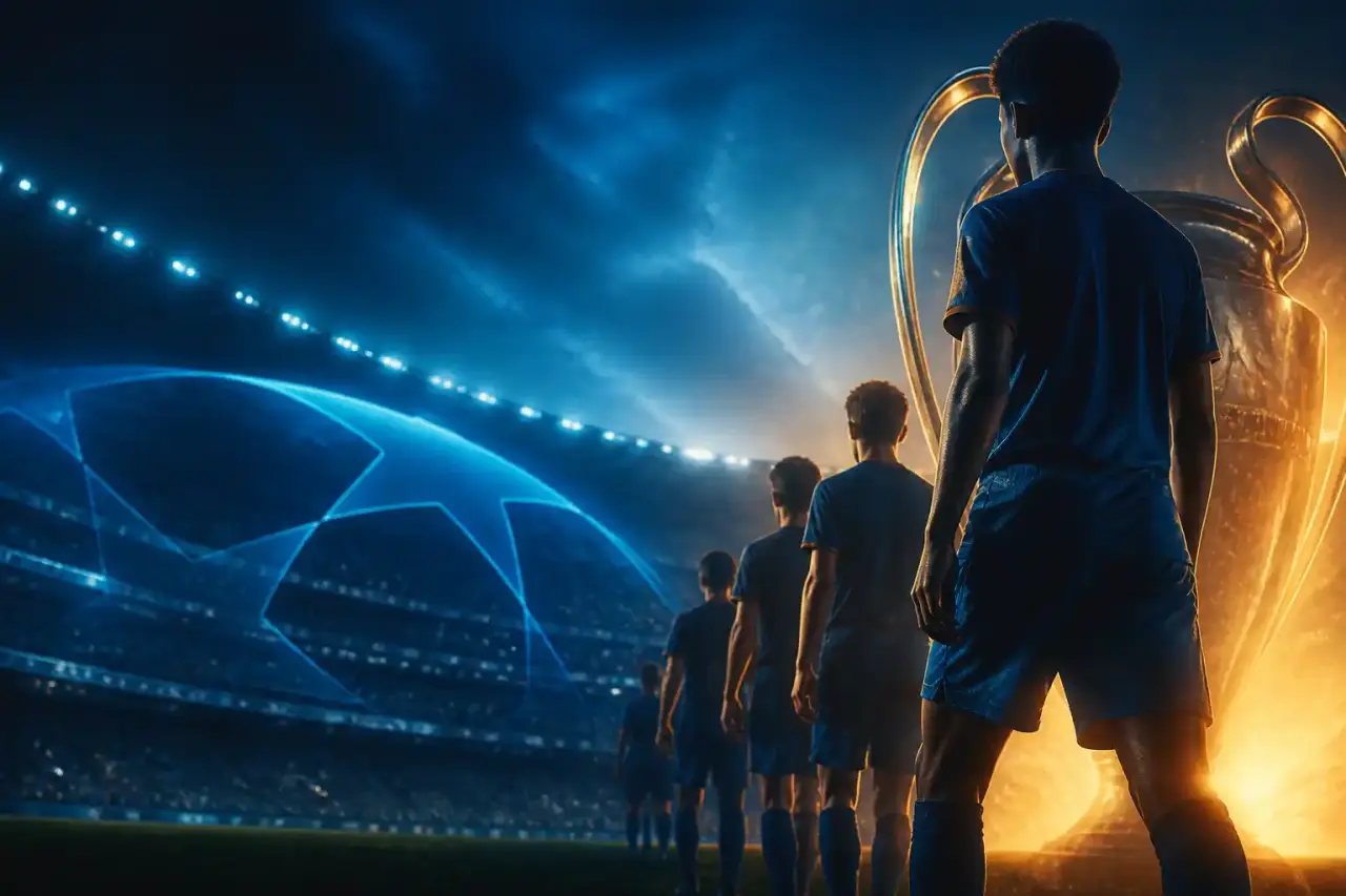 Joueur de football en volée sous un éclairage dramatique de stade, avec interface HUD néon