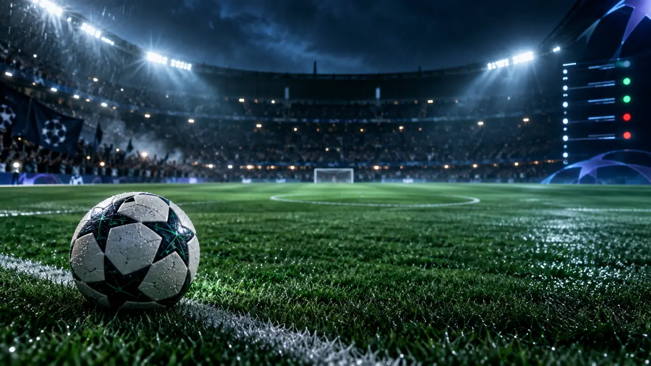 Joueur de football en pleine action dans un stade nocturne avec des données de match en surimpression