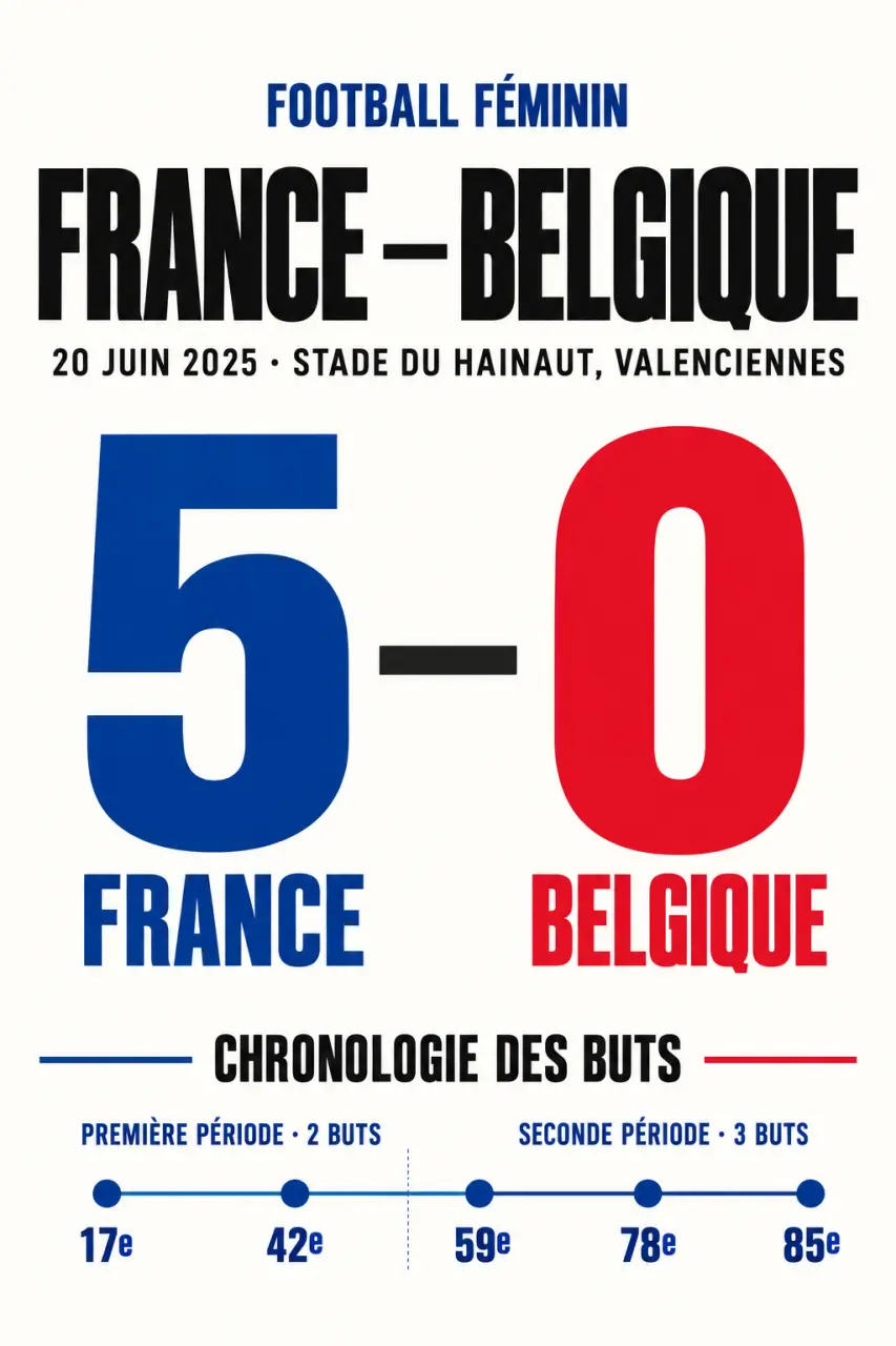 Infographie du match de football féminin France-Belgique terminé sur le score de 5-0 le 20 juin 2025