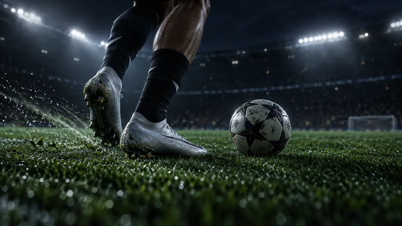 Footballeur en accélération avec des crampons sur une pelouse éclairée