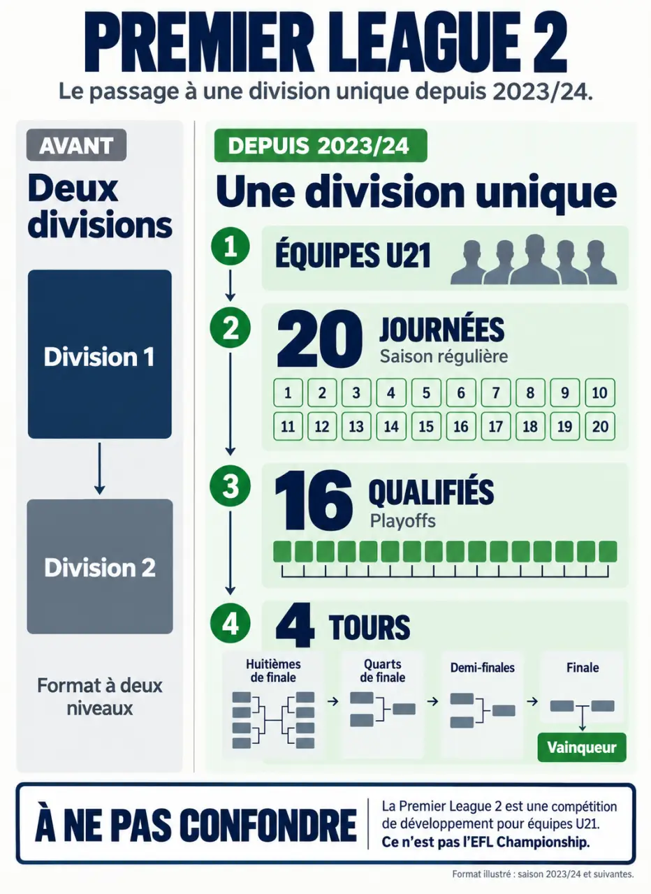 Infographie Premier League 2 : évolution du format, saison régulière et playoffs U21