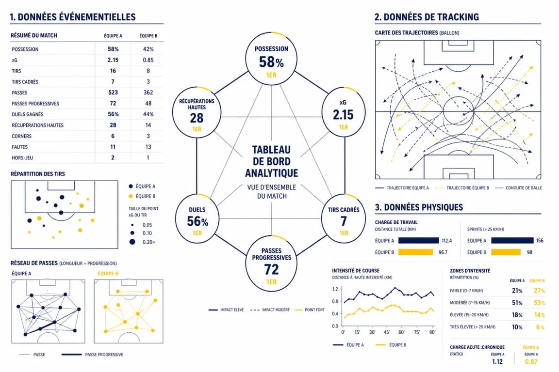 Comment analyser les donnees statistiques et les datas d'un match de football : schéma des données événementielles, tracking et physiques