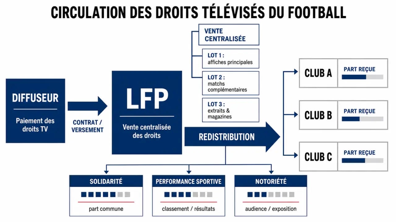 Schéma expliquant comment sont repartis les droits televises dans les championnats de football entre diffuseurs, LFP et clubs