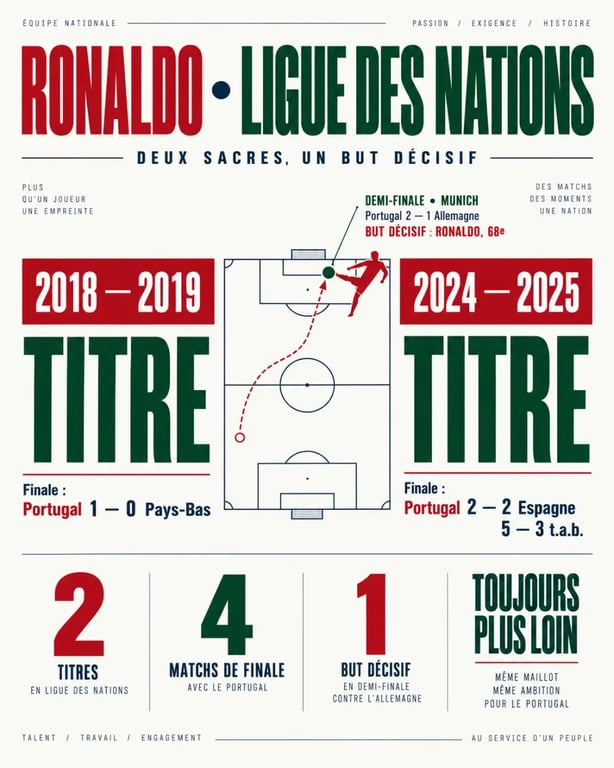 Infographie Ronaldo Ligue des nations avec ses deux titres remportés avec le Portugal