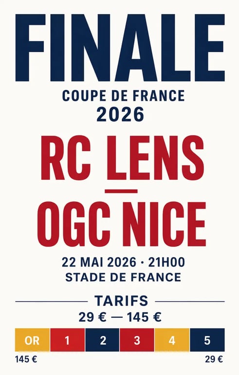 Infographie sur les places de la finale de la Coupe de France de football 2026, tarifs et informations du match