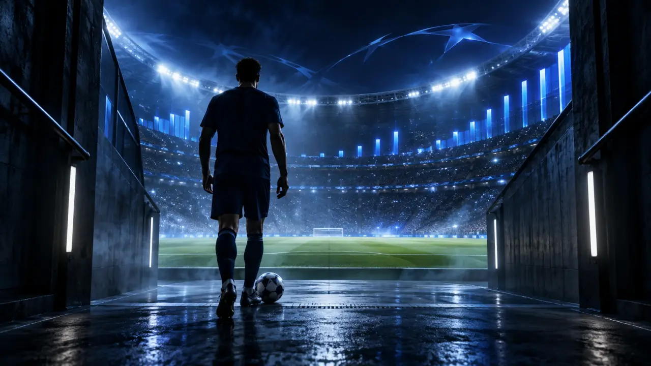 Joueur de football en action dans un stade éclairé de bleu et de vert