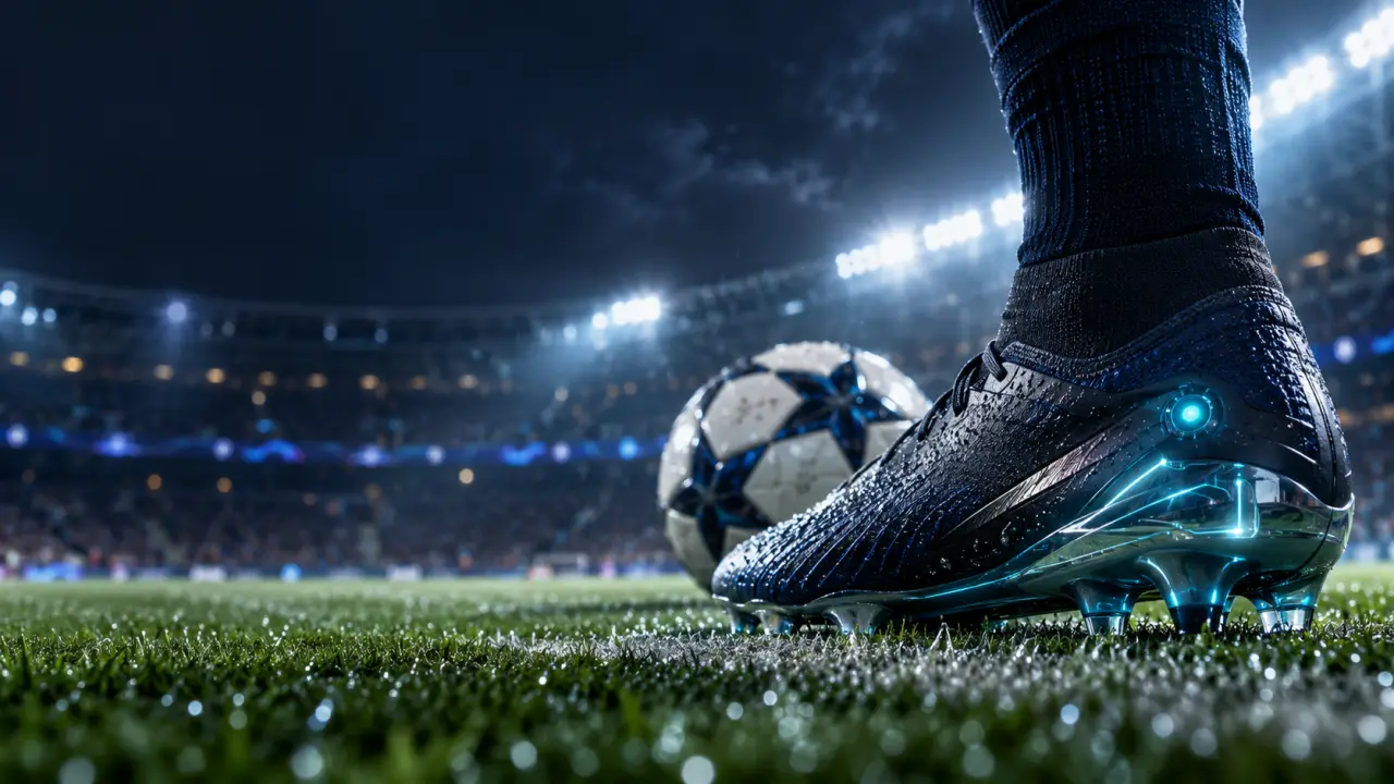 Joueur de football en pleine action avec des effets graphiques néon et des données de performance