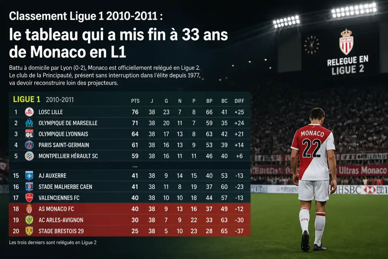Classement Ligue 1 2010-2011 : le tableau qui a mis fin à 33 ans de Monaco en L1