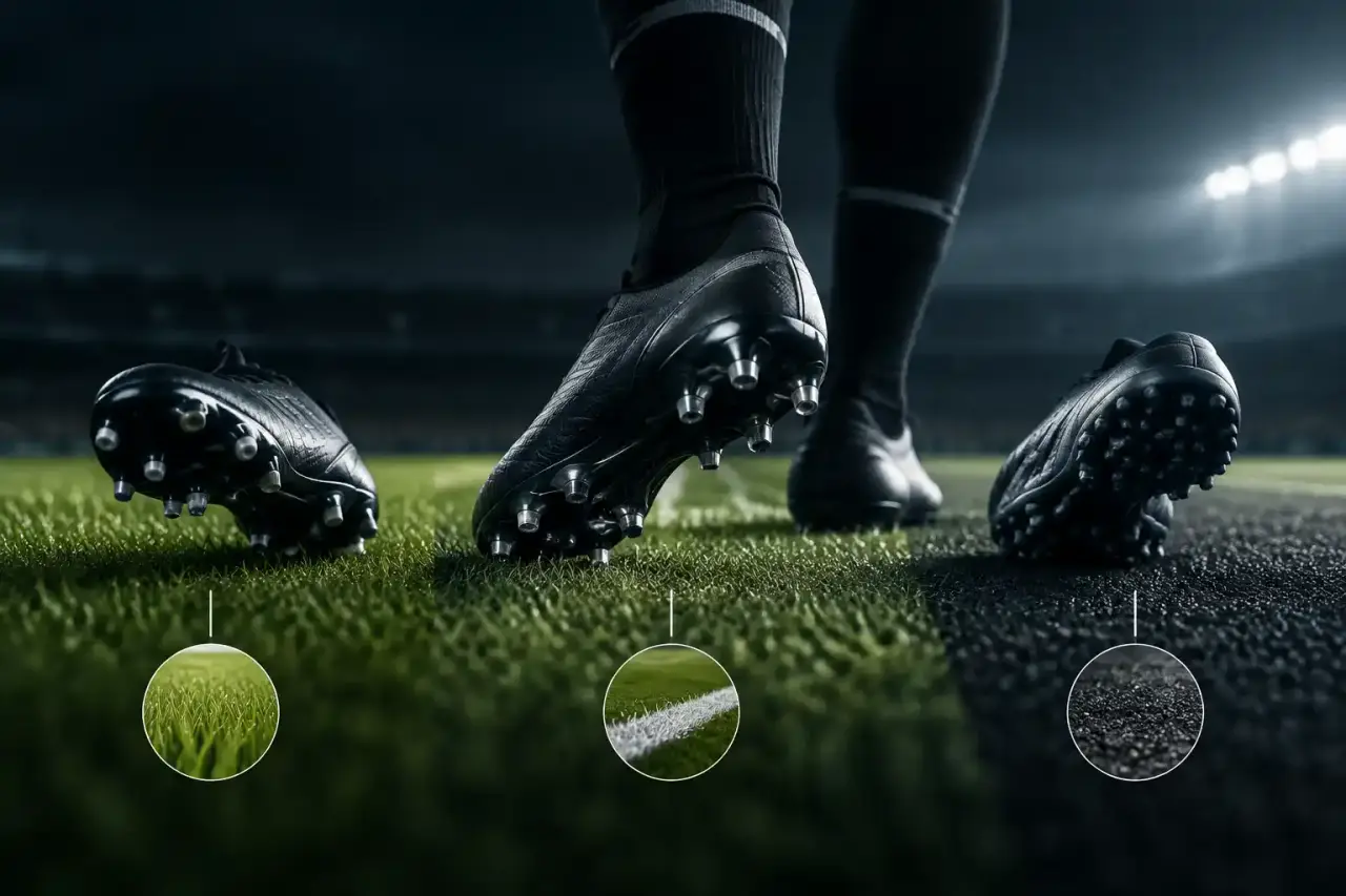 Joueur de football en pleine action sur une pelouse éclairée par les projecteurs