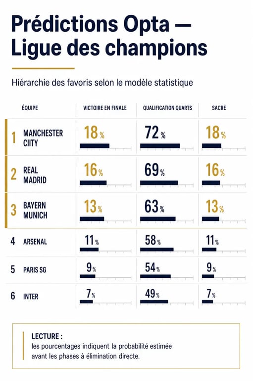 Infographie des prédictions opta ligue des champions avec pourcentages de qualification et de sacre