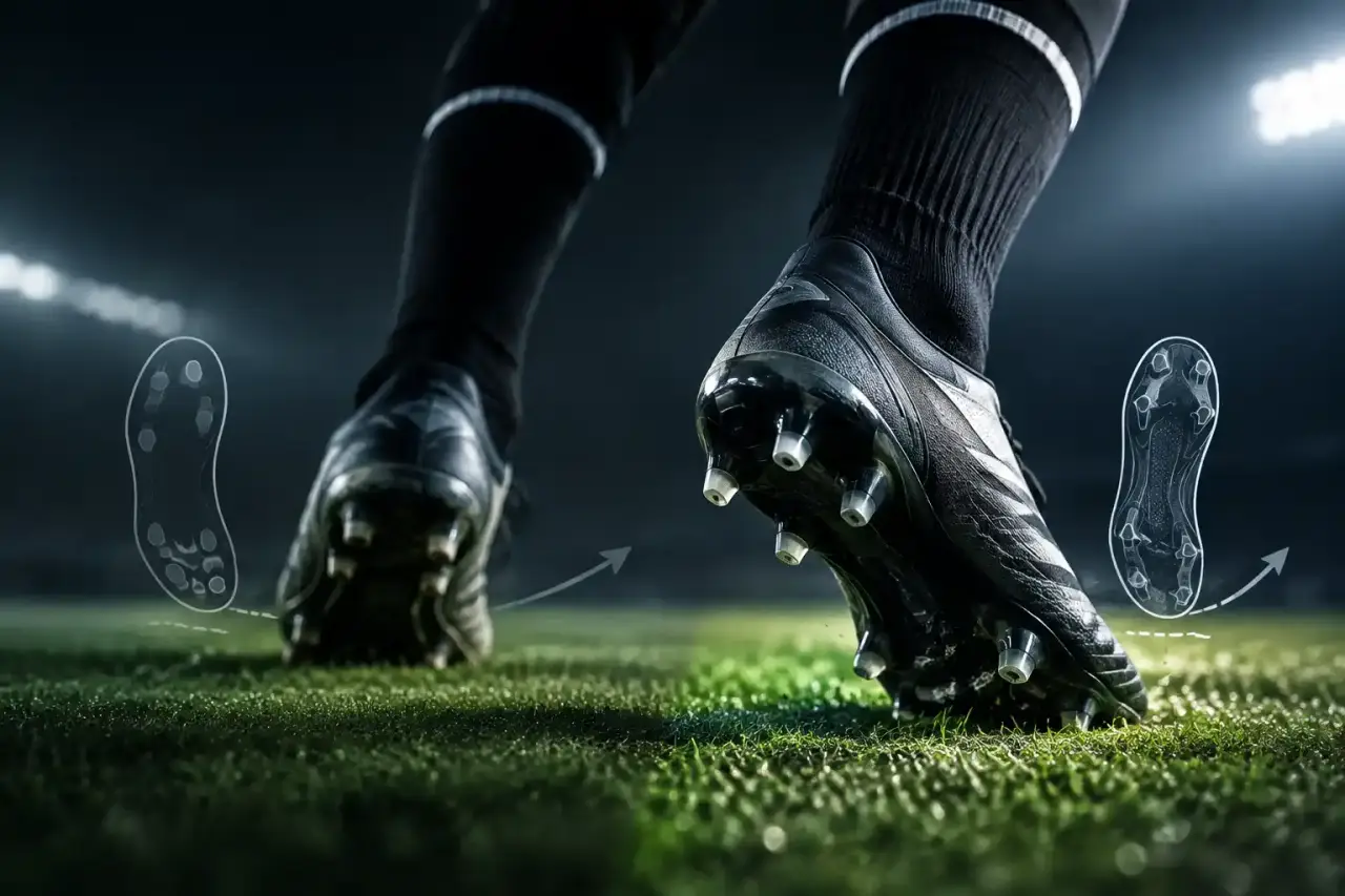 Joueur de football en action sur une pelouse avec des crampons