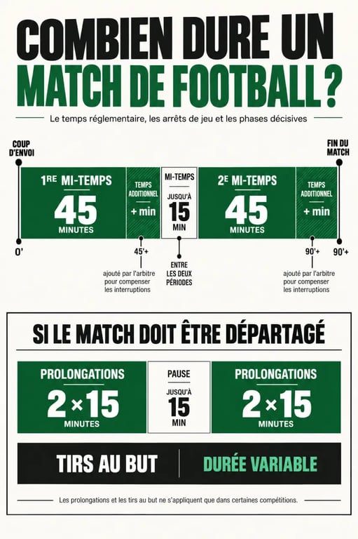 Infographie sur la durée d’un match de foot : 90 minutes, mi-temps, temps additionnel et prolongations