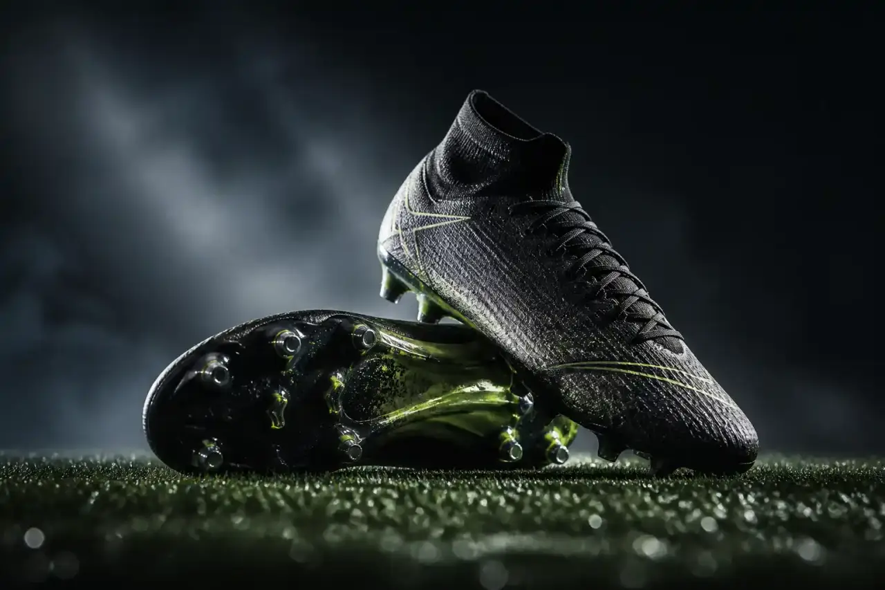 Crampons de football de dernière génération posés sur une pelouse synthétique éclairée par les projecteurs d'un stade de Ligue des Champions