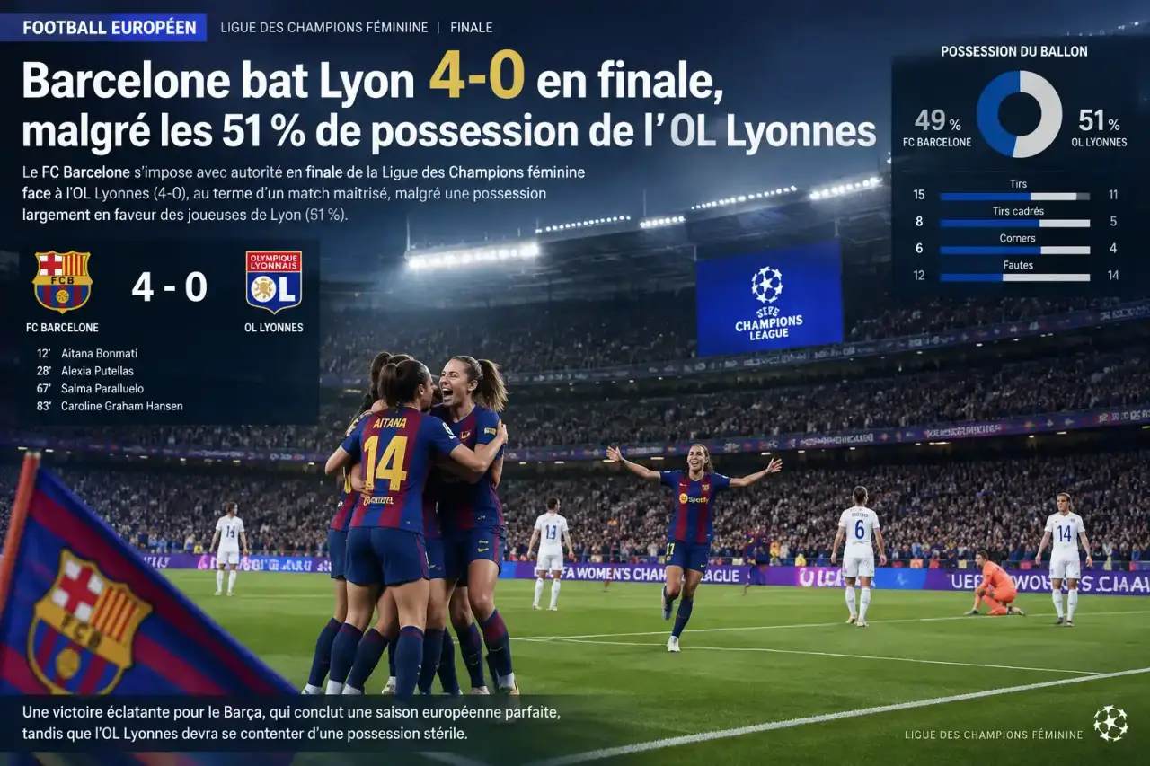 Barcelone bat Lyon 4-0 en finale, malgré les 51 % de possession de l’OL Lyonnes