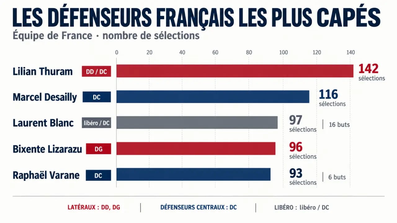 Infographie des défenseurs français les plus capés de l'équipe de France, de Thuram à Varane