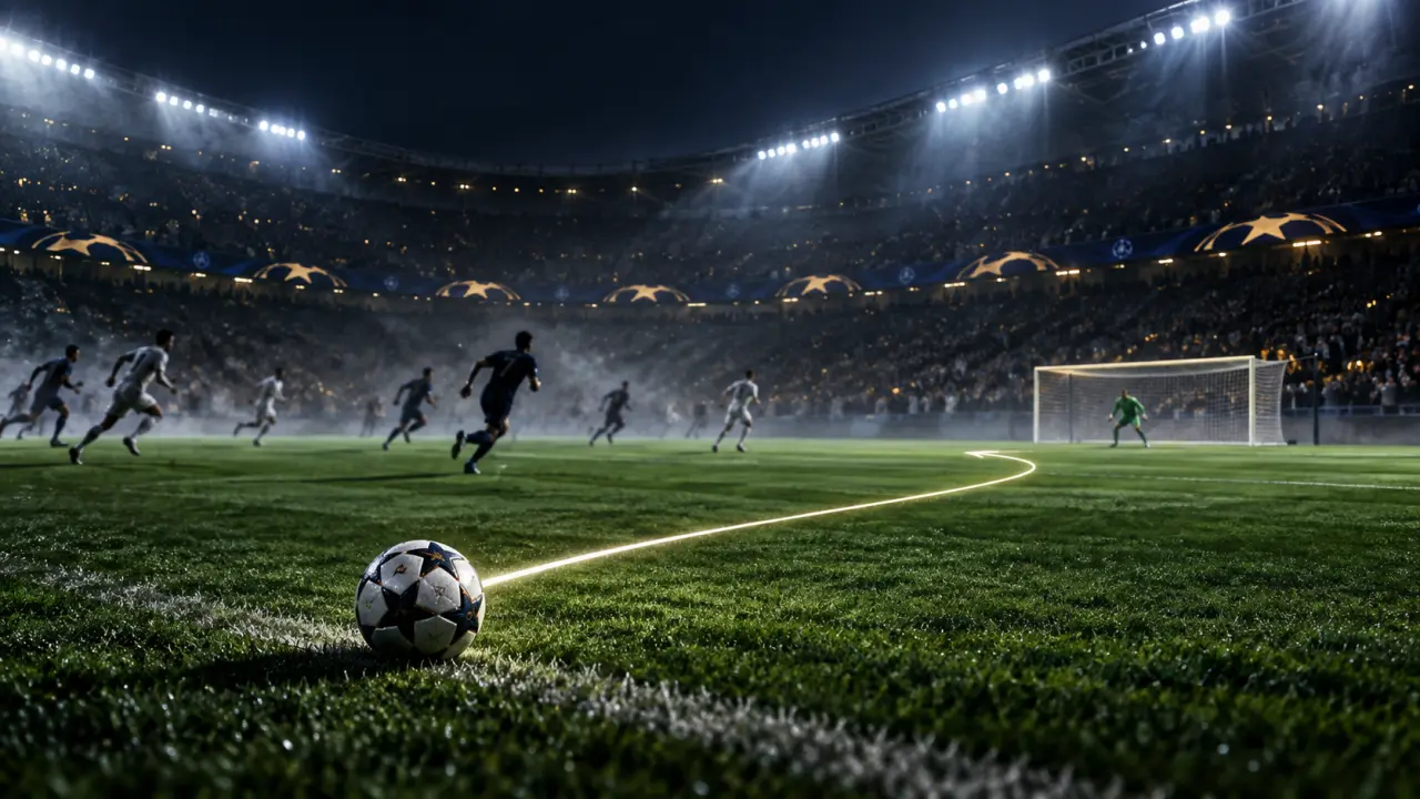 Joueur de football en pleine action sous les projecteurs d’un stade de Ligue des Champions