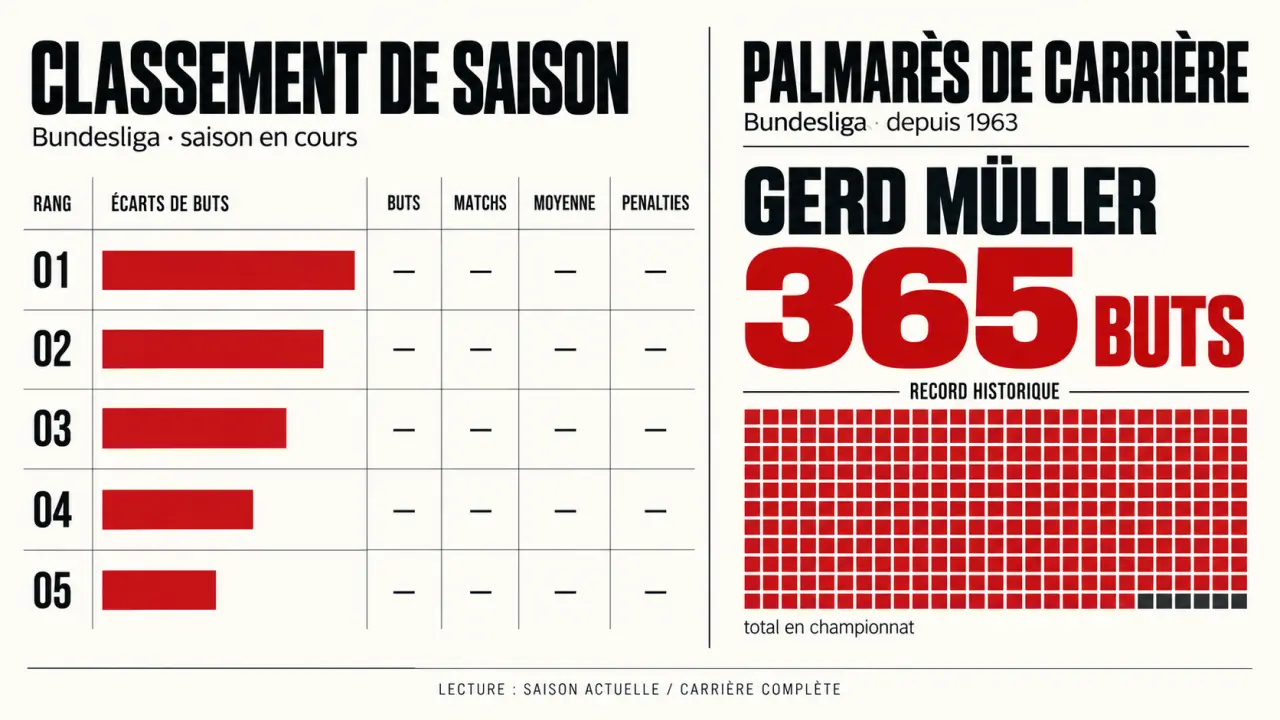 Infographie du classement des buteurs de Bundesliga entre saison actuelle et classement historique
