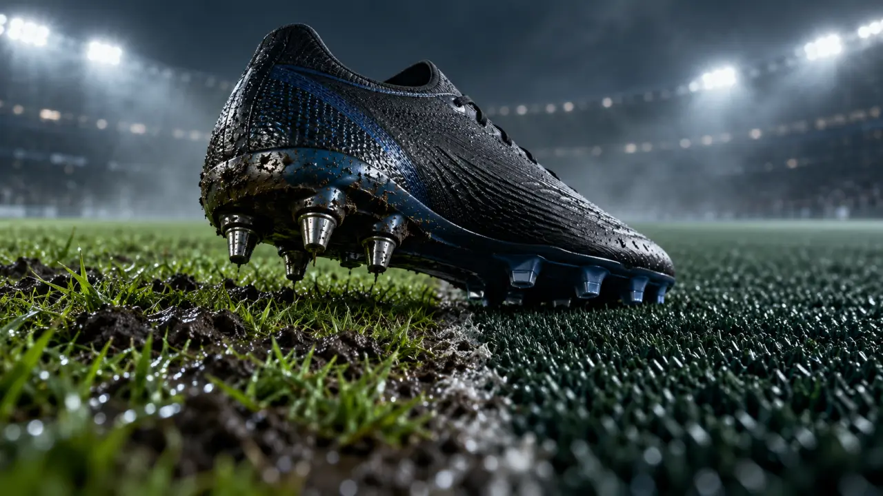 Joueur de football en action avec des crampons adaptés au terrain