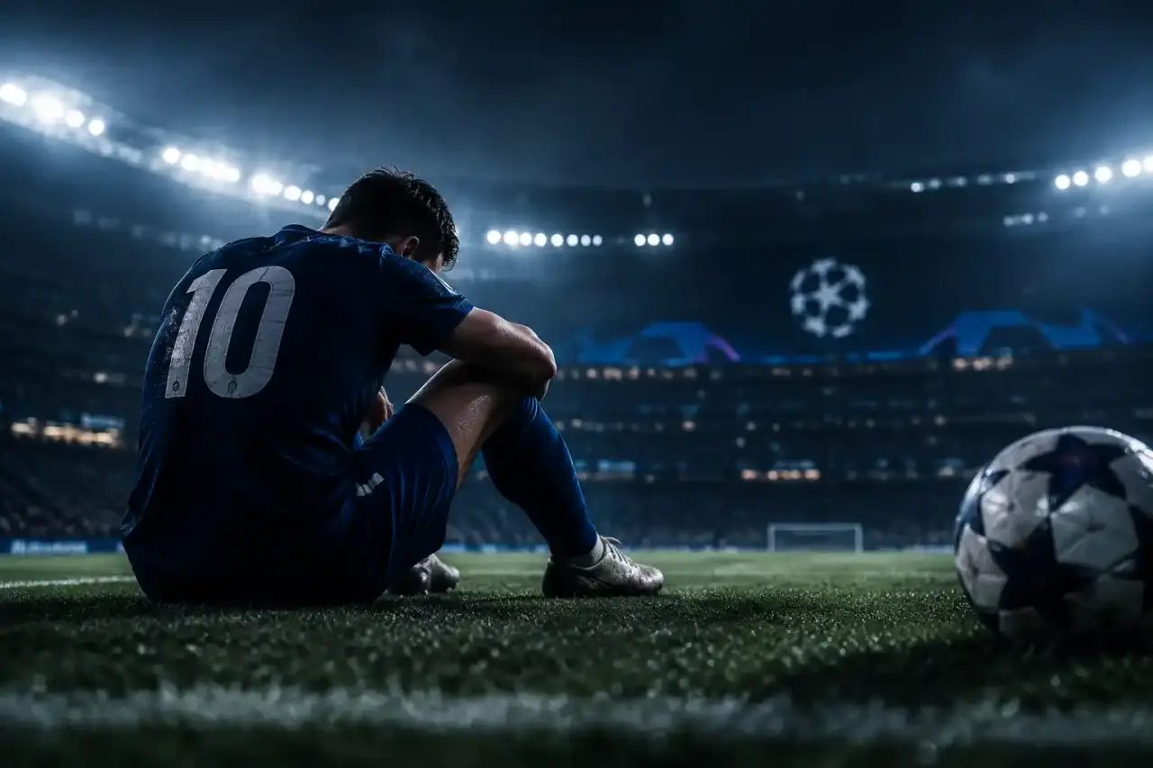 Footballeur fatigué sur le terrain sous les projecteurs d'un stade