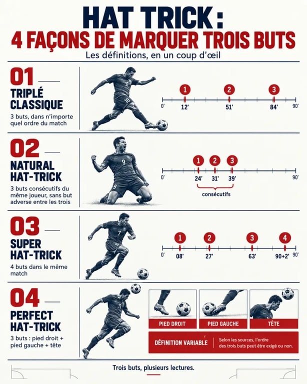 Infographie comparative du hat trick football, du natural hat-trick et du super hat-trick