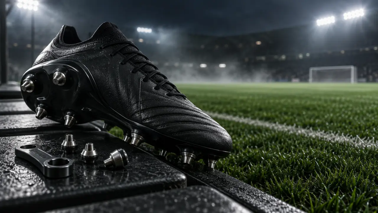Joueur de football en action portant des chaussures à crampons vissés sur une pelouse