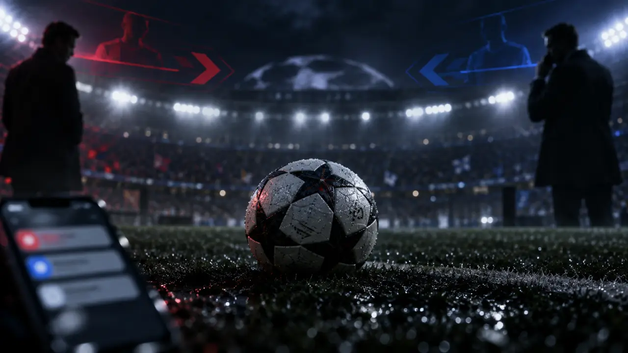 Joueur de football en action dans un stade éclairé, ambiance mercato européen