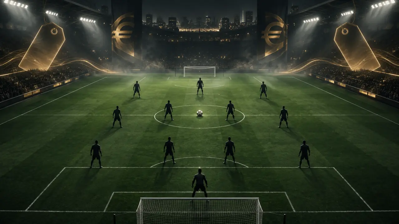 Onze de joueurs de football réunis dans un stade européen sous des lumières néon