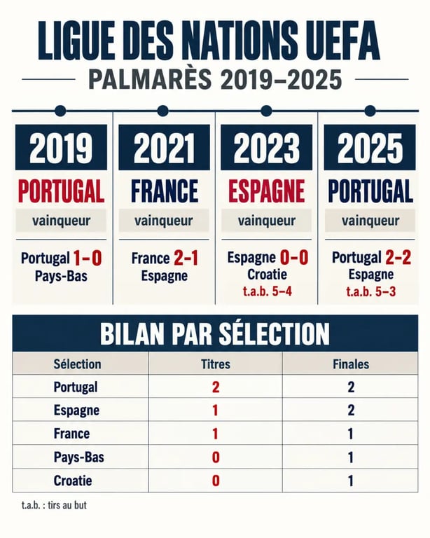 Infographie du palmarès de la Ligue des nations avec les vainqueurs et finalistes par édition